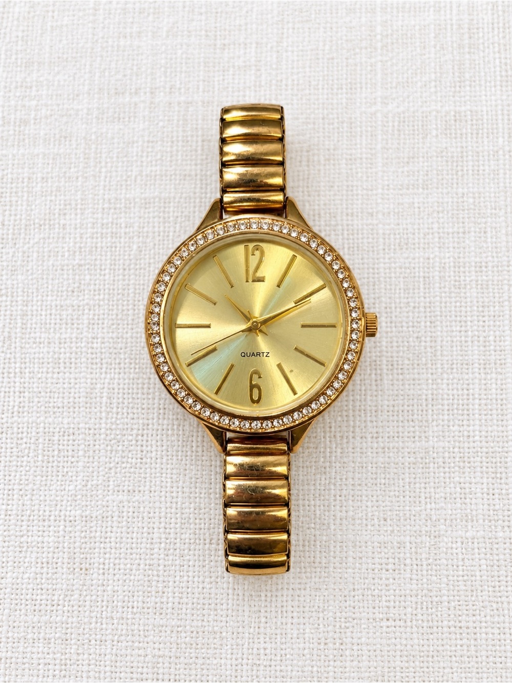 Gold Tone Rhinestone Bezel Quartz Stretch Band Women’s Watch